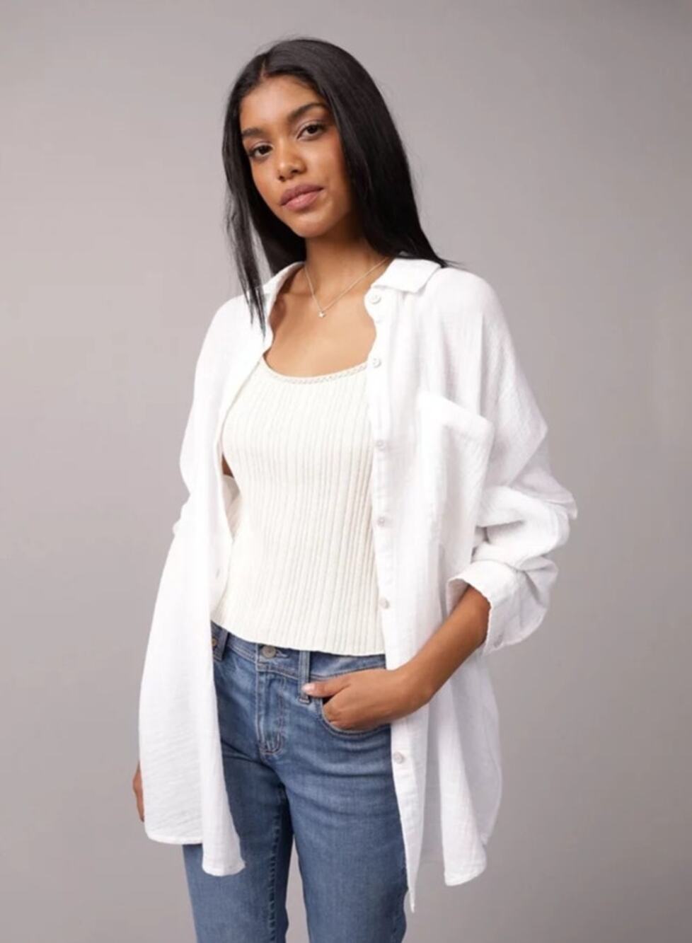 American Eagle Oversized Button Down Shirt 100% Cotton Crinkled Long Sleeve